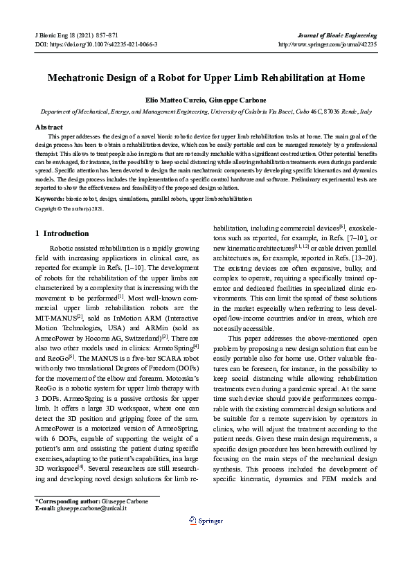 (PDF) Mechatronic Design of a Robot for Upper Limb Rehabilitation at Home