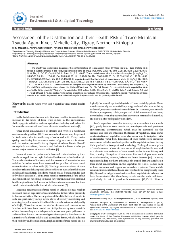 (PDF) Assessment of the Distribution and their Health Risk of Trace ...