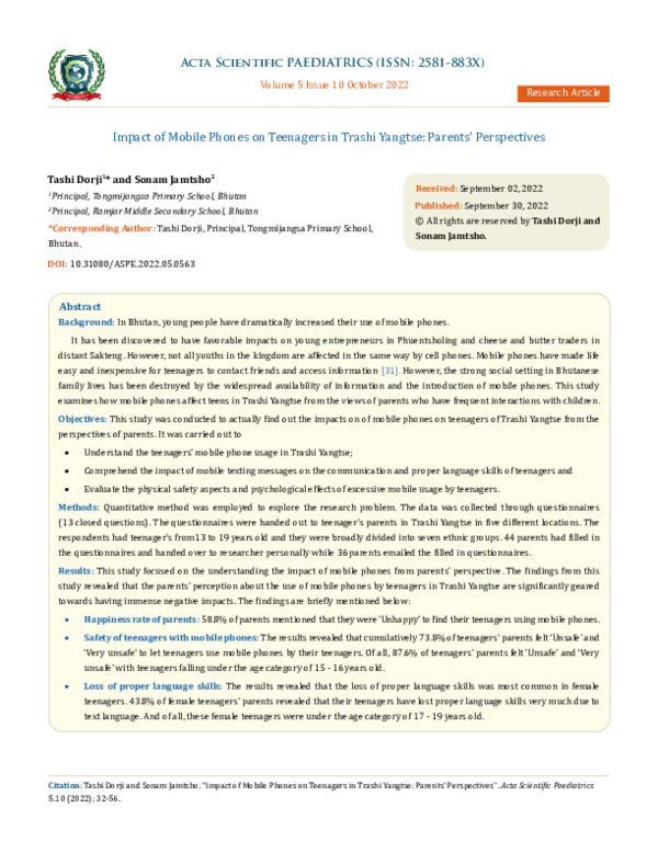 (PDF) Impact of Mobile Phones on Teenagers in Trashi Yangtse: Parents ...