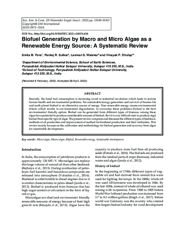 (PDF) Biofuel Generation by Macro and Micro Algae as a Renewable Energy ...