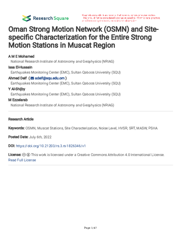 (PDF) Oman Strong Motion Network (OSMN) and Site-specific ...