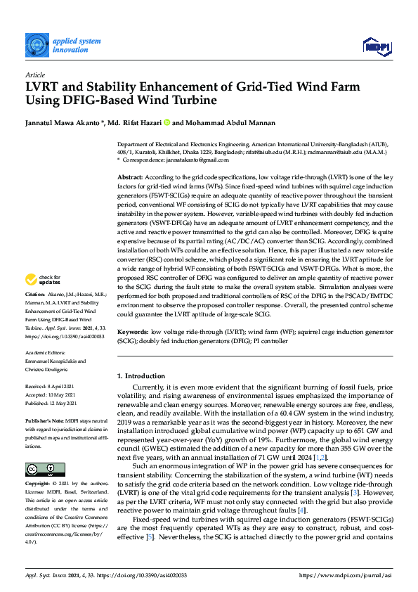 (PDF) LVRT and Stability Enhancement of Grid-Tied Wind Farm Using DFIG ...