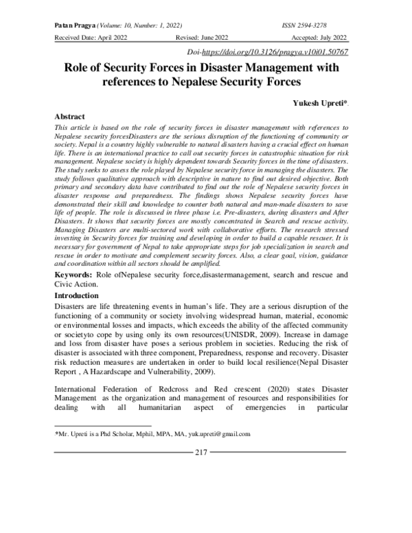  PDF Role Of Security Forces In Disaster Management With References To 