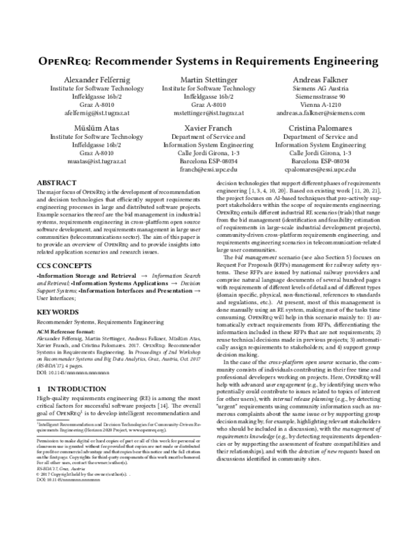 (PDF) OpenReq: recommender systems in requirements engineering