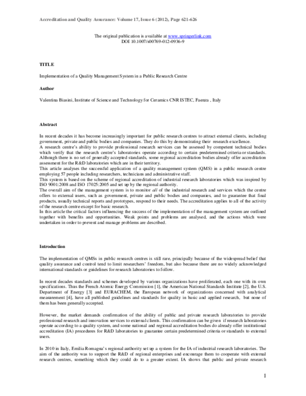 (PDF) Implementation of a quality management system in a public ...