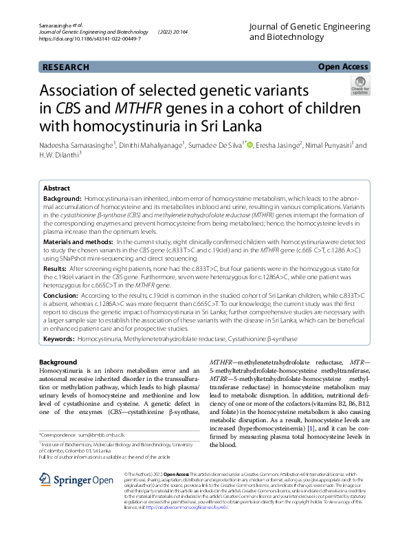 (PDF) Association of selected genetic variants in CBS and MTHFR genes ...
