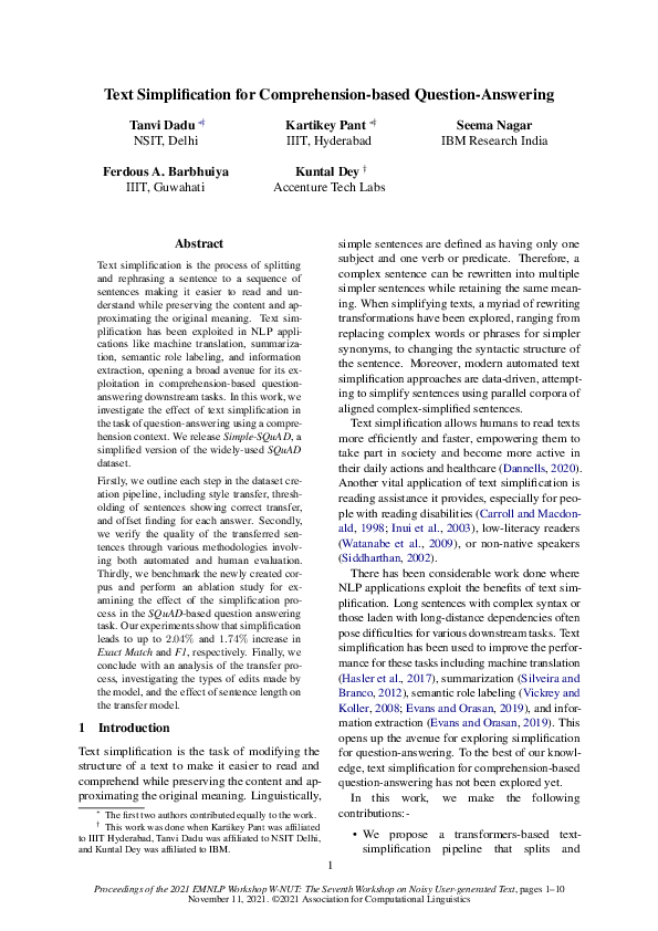 (PDF) Text Simplification for Comprehension-based Question-Answering