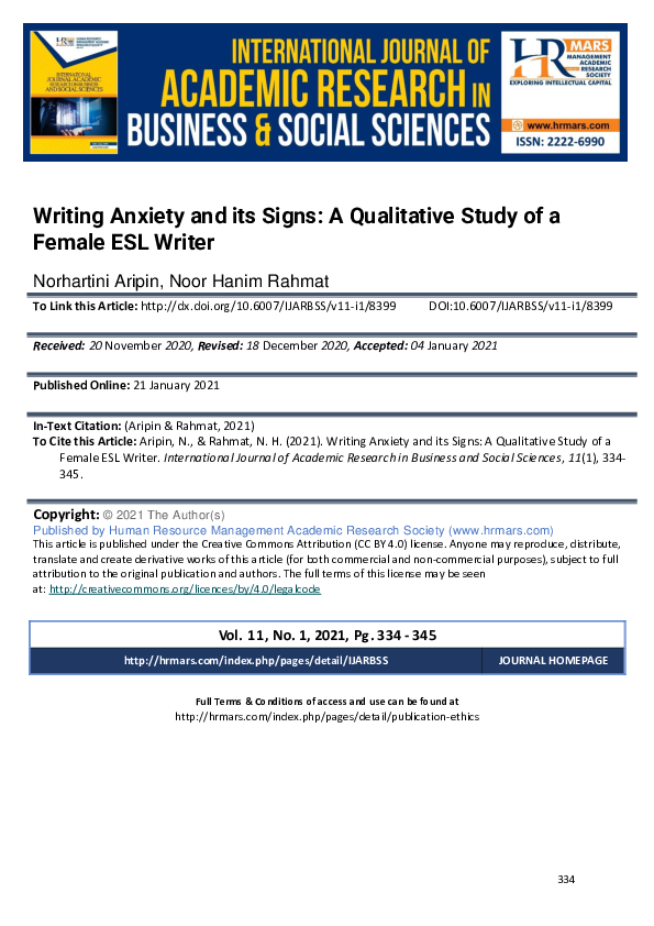 (PDF) Writing Anxiety and its Signs: A Qualitative Study of a Female ...