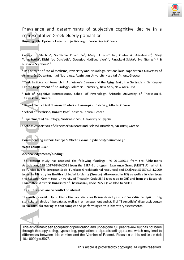 (PDF) Prevalence and determinants of subjective cognitive decline in a ...