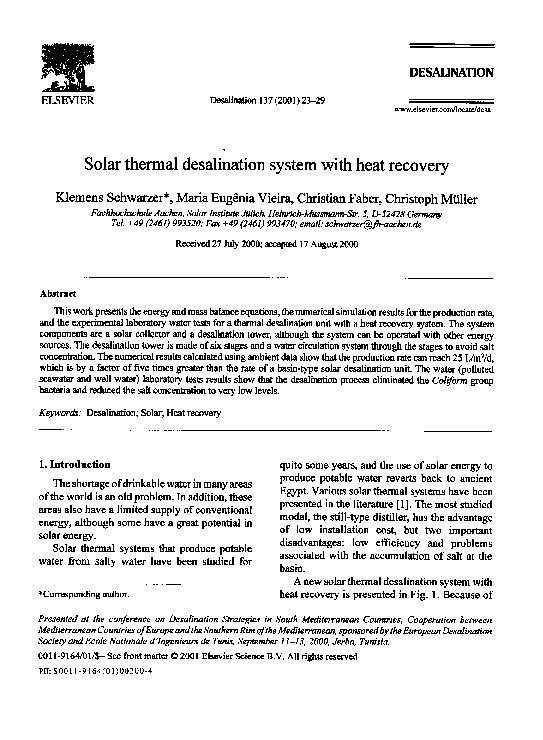 (PDF) Solar thermal desalination system with heat recovery