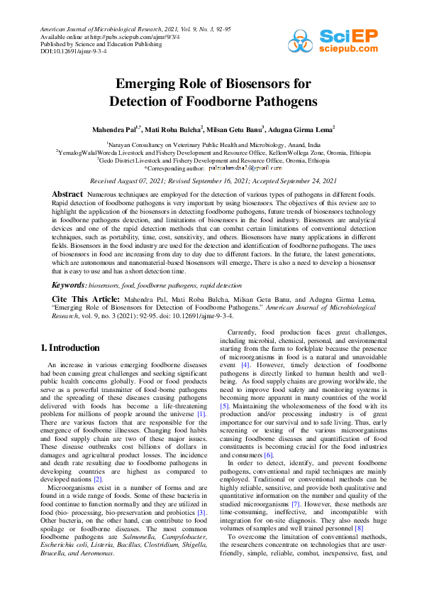 (PDF) Emerging Role of Biosensors for Detection of Foodborne Pathogens