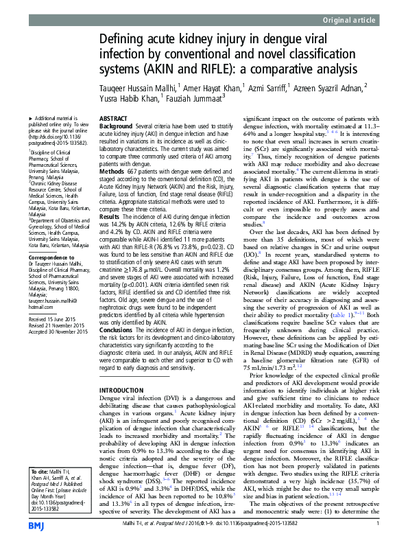(PDF) Defining acute kidney injury in dengue viral infection by ...