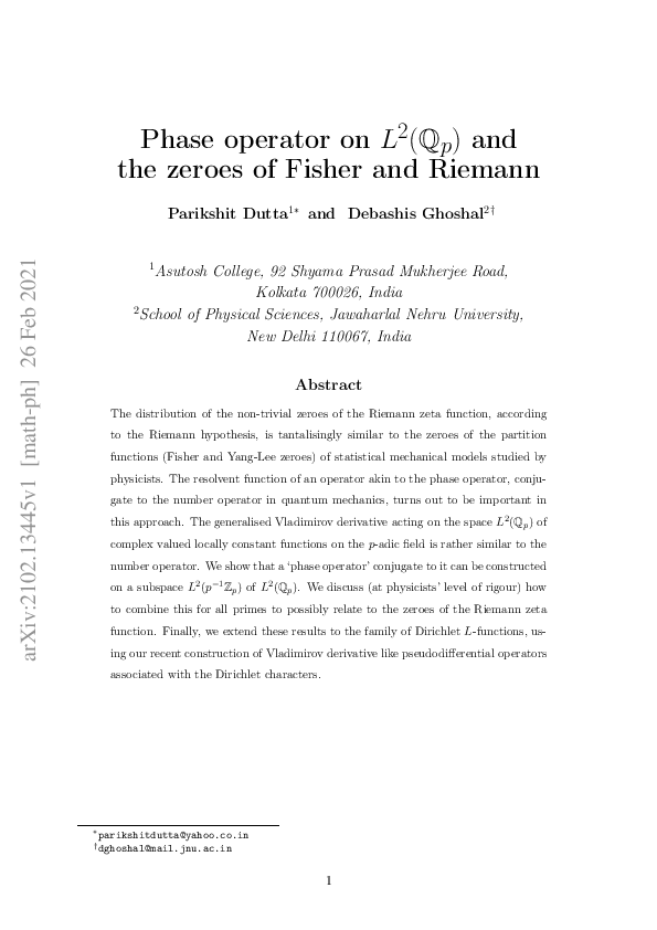 (PDF) Phase Operator on $$L^2(\mathbb {Q}_p)$$ and the Zeroes of Fisher ...