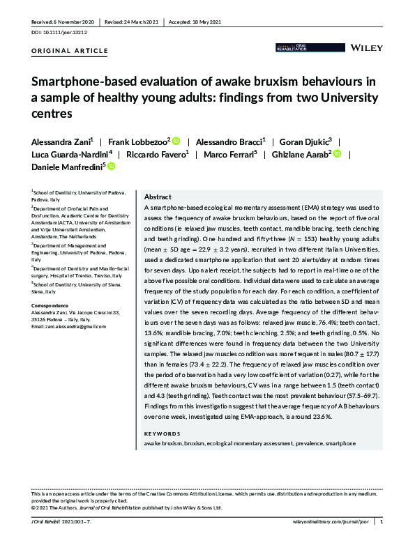 (PDF) Smartphone‐based evaluation of awake bruxism behaviours in a ...