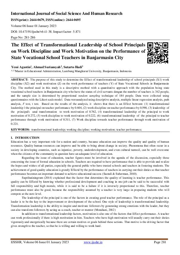 (PDF) The Effect of Transformational Leadership of School Principals on ...