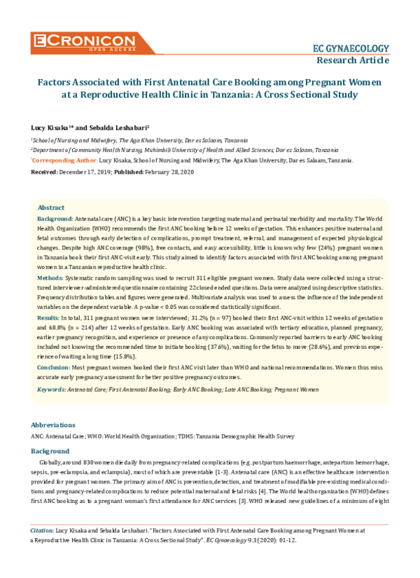 (PDF) Factors Associated with First Antenatal Care Booking among ...