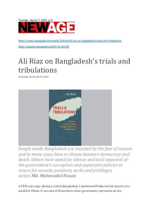 (PDF) Ali Riaz on Bangladesh's trials and tribulations