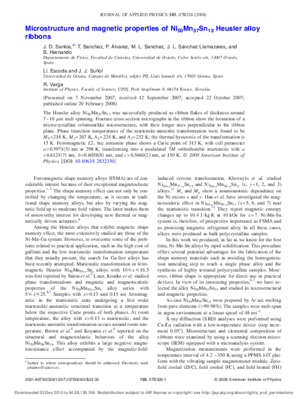 (PDF) Microstructure and magnetic properties of Ni50Mn37Sn13 Heusler ...