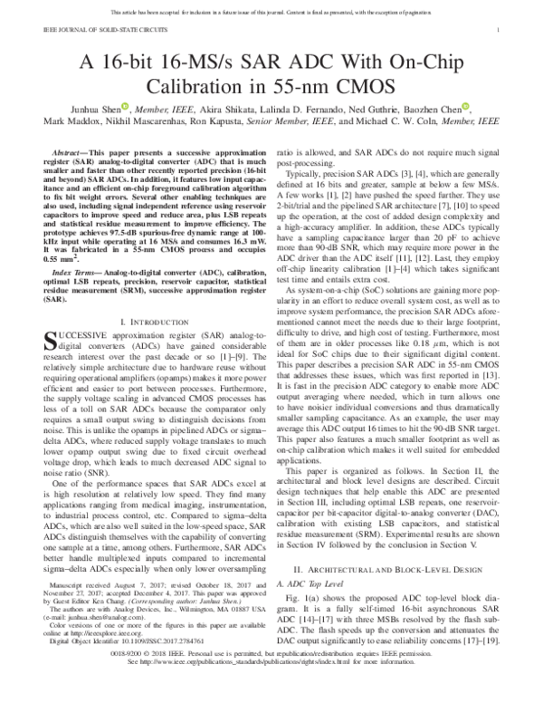 (PDF) A 16-bit 16MS/s SAR ADC with on-chip calibration in 55nm CMOS