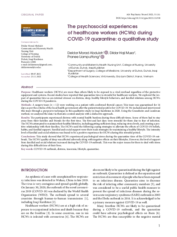 (PDF) The psychosocial experiences of healthcare workers (HCWs) during ...