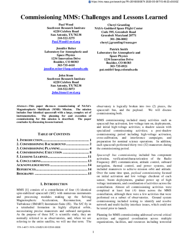 (PDF) Commissioning MMS: Challenges and lessons learned