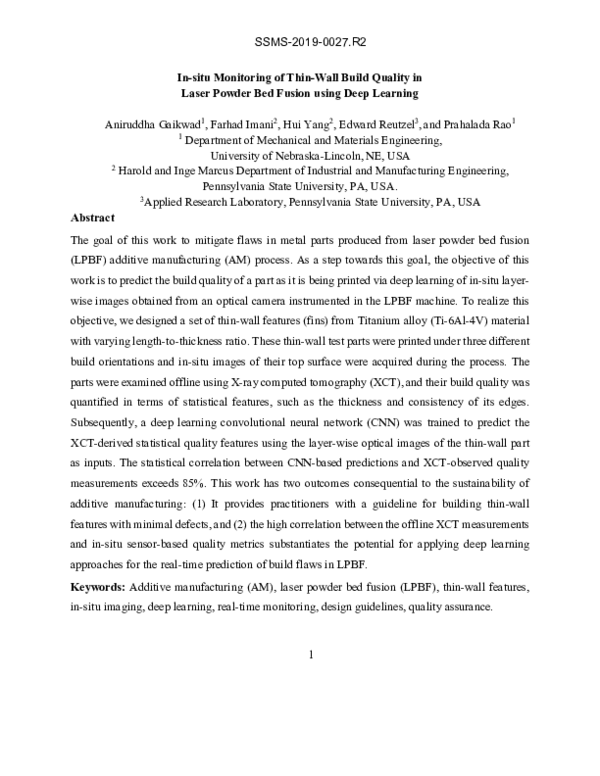 (PDF) In Situ Monitoring of Thin-Wall Build Quality in Laser Powder Bed ...