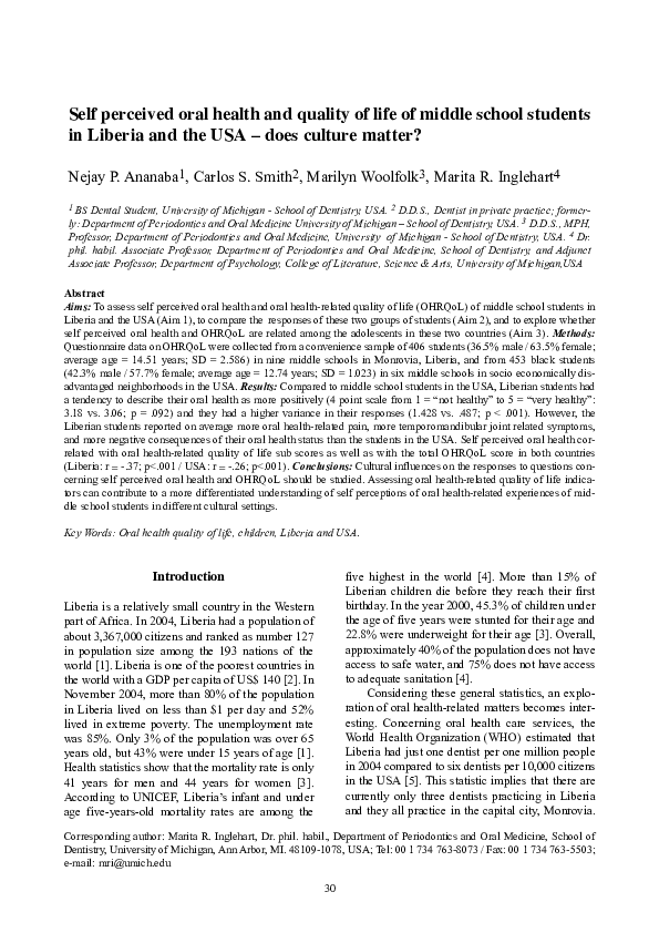 (PDF) Self perceived oral health and quality of life of middle school ...