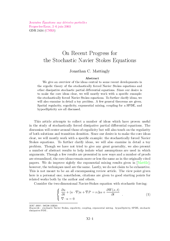 (PDF) On recent progress for the stochastic Navier Stokes equations