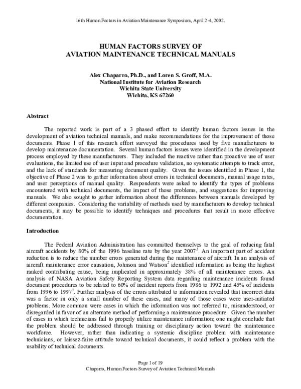 (PDF) Human Factors Survey of Aviation Maintenance Technical Manuals