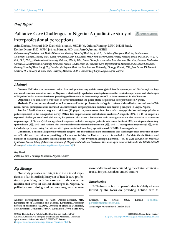 (PDF) Palliative Care Challenges in Nigeria: A qualitative study of ...