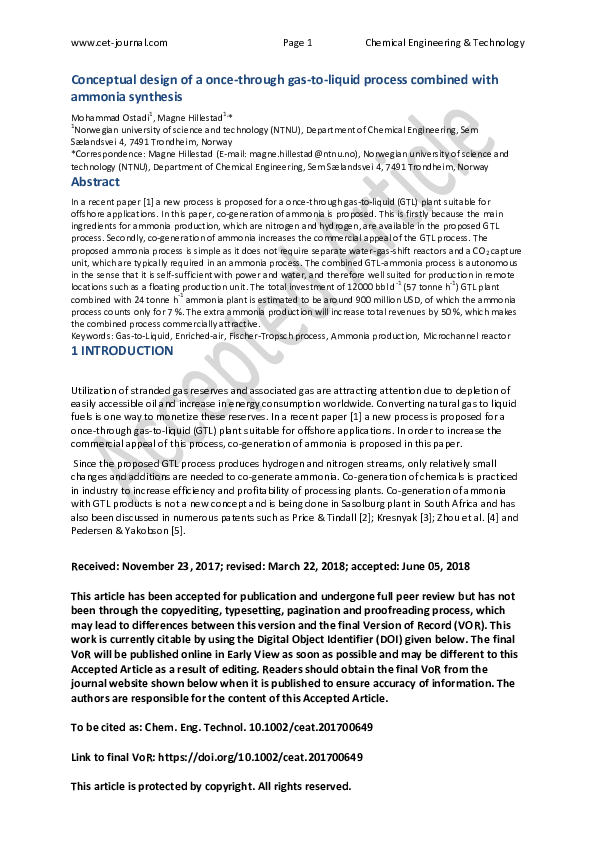 (PDF) Conceptual Design of a Once-Through Gas-to-Liquid Process ...
