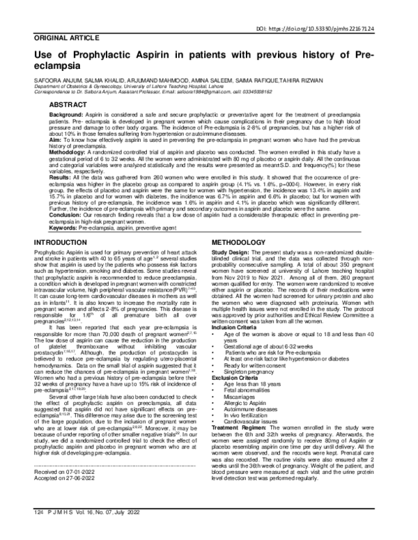 (PDF) Use of Prophylactic Aspirin in patients with previous history of ...