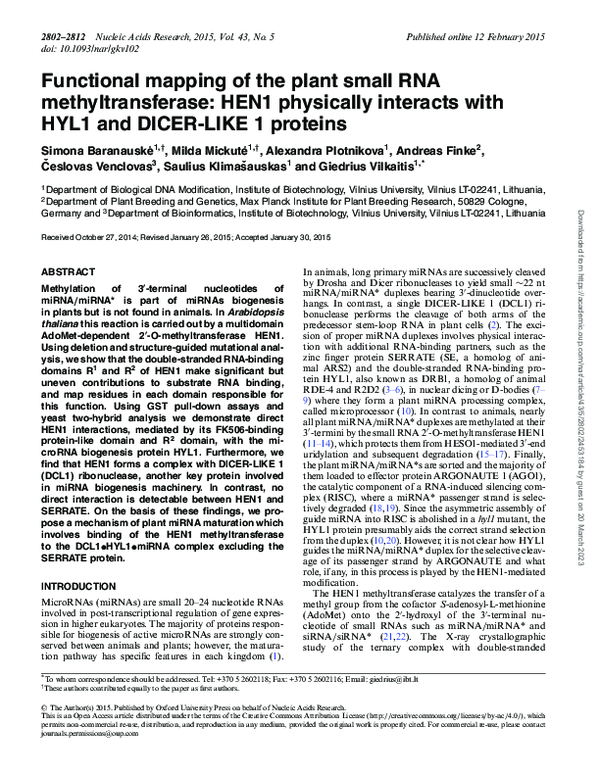 Functional mapping of the plant small RNA methyltransferase: HEN1 physically interacts with HYL1 and DICER-LIKE 1 proteins