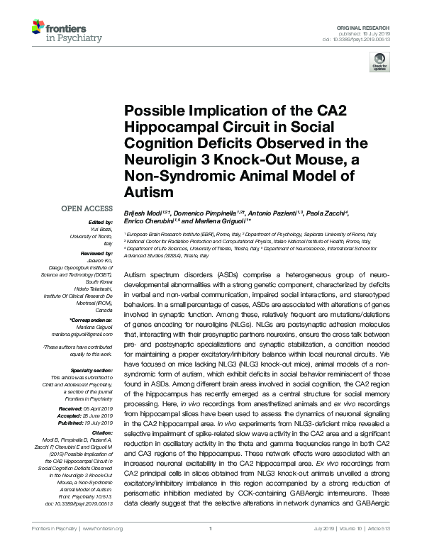 (PDF) Possible Implication of the CA2 Hippocampal Circuit in Social ...