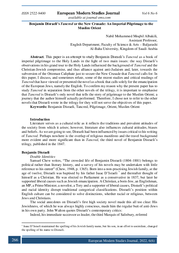 (PDF) Benjamin Disraeli's Tancred or the New Crusade An Imperial