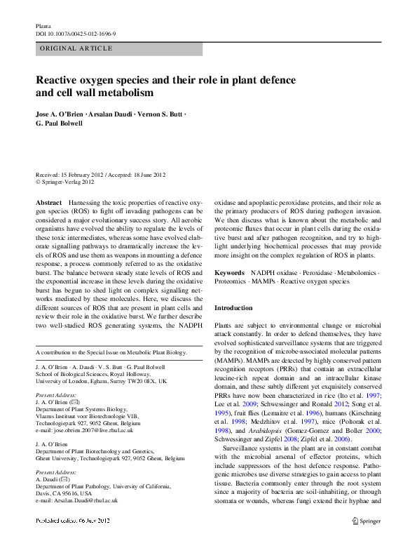 (PDF) Reactive oxygen species and their role in plant defence and cell ...