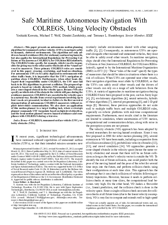 (PDF) Safe Maritime Autonomous Navigation With COLREGS, Using Velocity ...