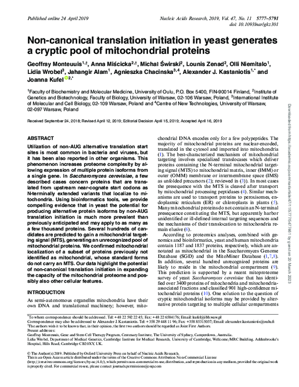 (PDF) Non-canonical translation initiation in yeast generates a cryptic ...