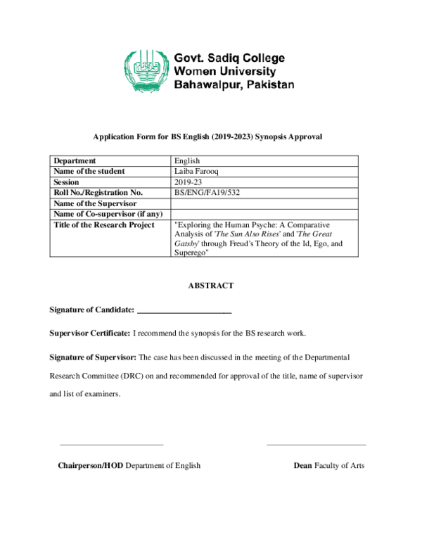 (PDF) Application Form for BS English (2019-2023) Synopsis Approval
