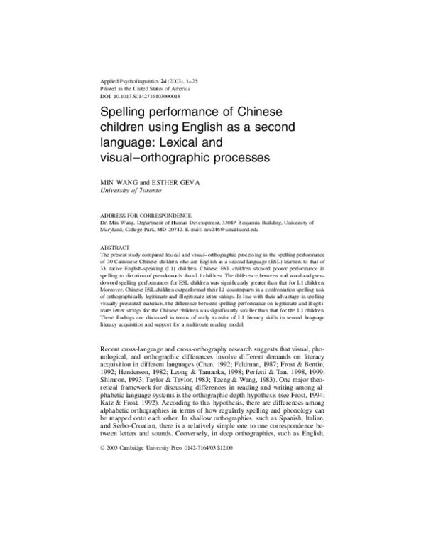 (PDF) Spelling performance of Chinese children using English as a ...