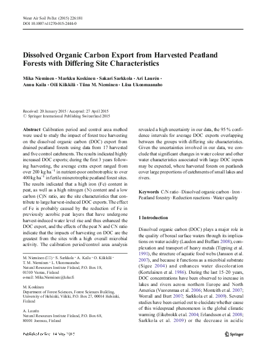 (PDF) Dissolved Organic Carbon Export from Harvested Peatland Forests ...