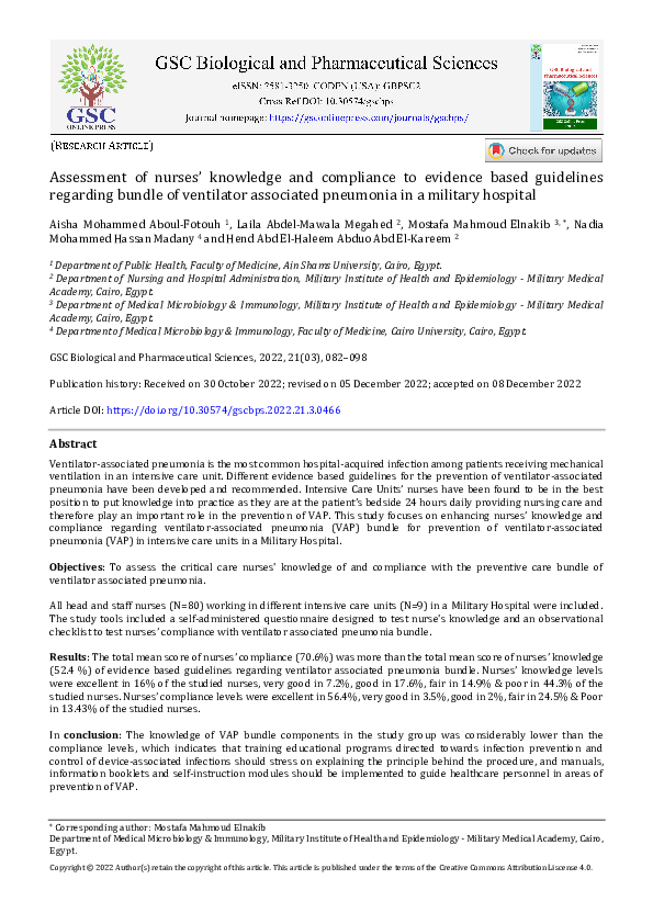 (PDF) Assessment of nurses' knowledge and compliance to evidence based ...
