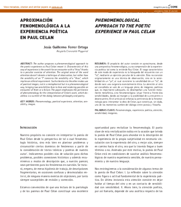 Aproximación fenomenológica a la experiencia poética en Paul Celan
