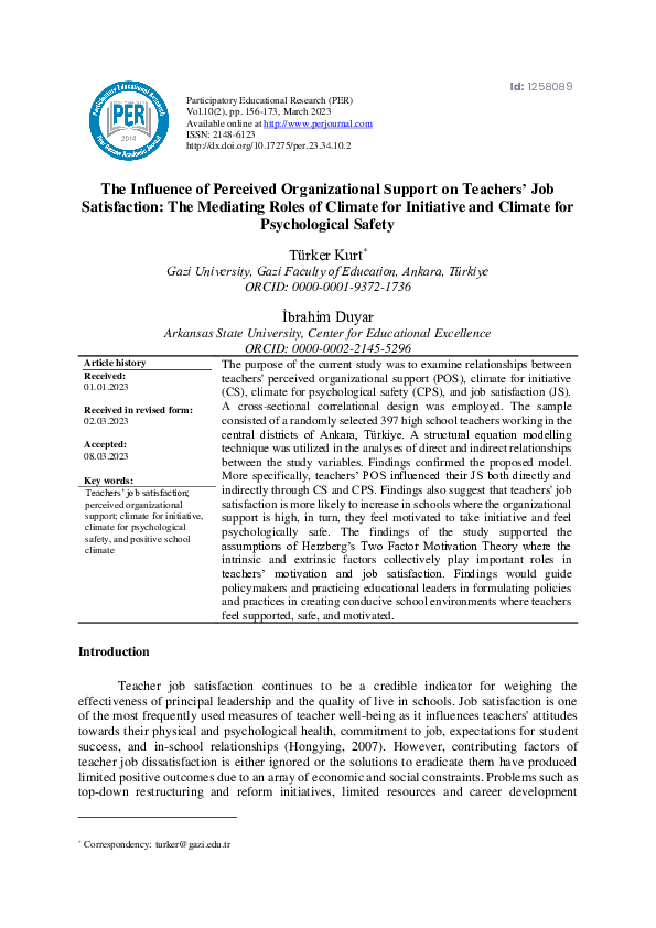 (PDF) The Influence of Perceived Organizational Support on Teachers ...