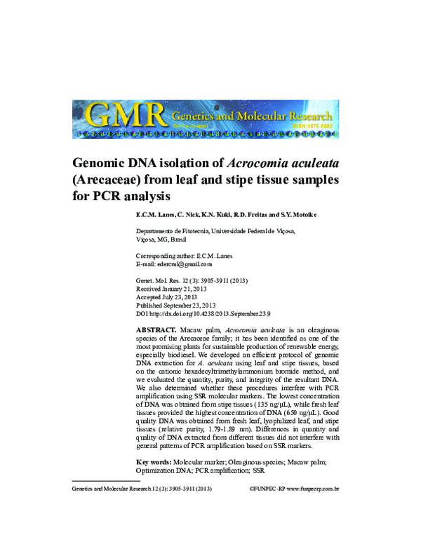 (PDF) Genomic DNA isolation of Acrocomia aculeata (Arecaceae) from leaf ...