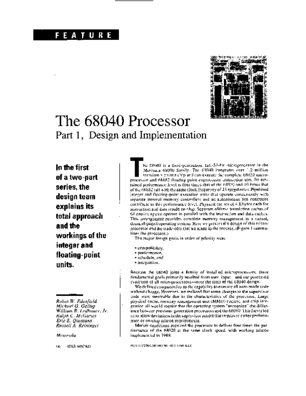 (PDF) The 68040 processor. I. Design and implementation