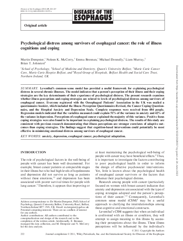 (PDF) Psychological distress among survivors of esophageal cancer: the ...