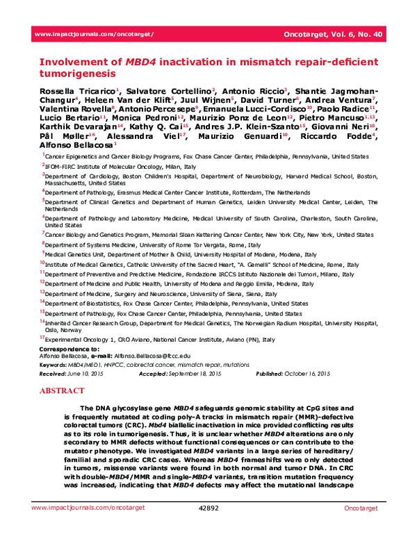 (PDF) Involvement of MBD4 inactivation in mismatch repair-deficient ...