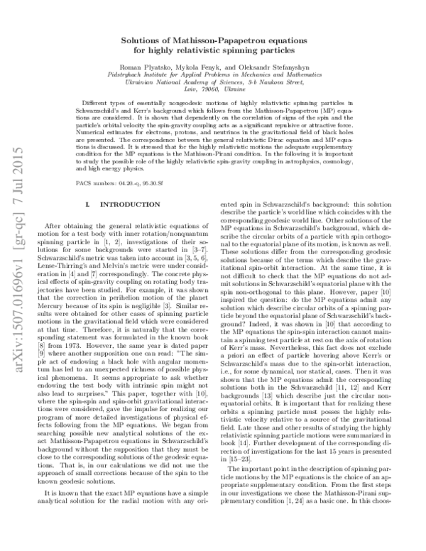 (PDF) Solutions of Mathisson-Papapetrou Equations for Highly ...