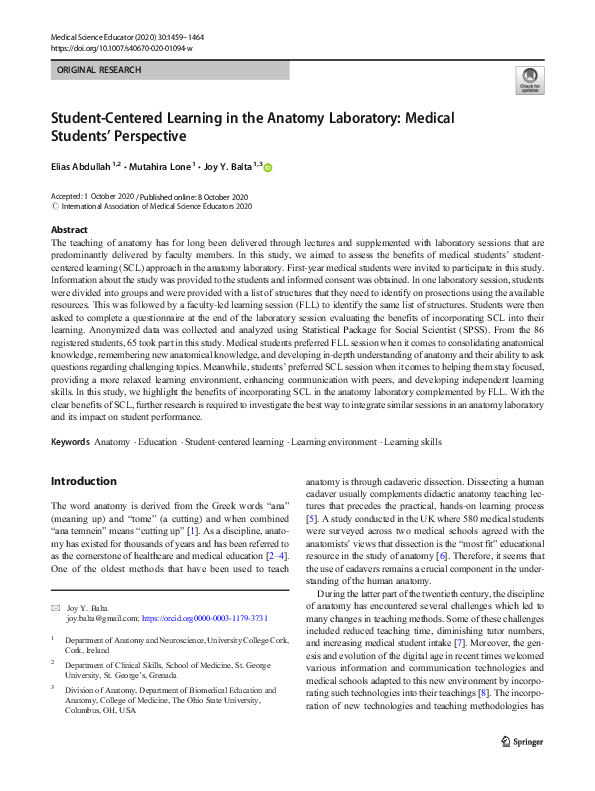 (PDF) StudentCentered Learning in the Anatomy Laboratory Medical